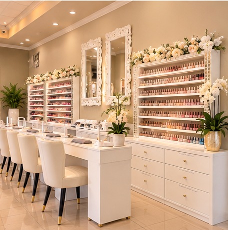Elegant manicure stations inside Beaute Nest salon-inspired interior concept