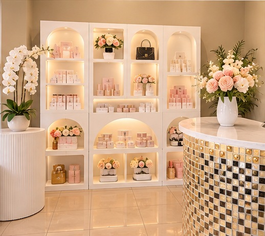 Reception and beauty display concept inspired by Beaute Nest